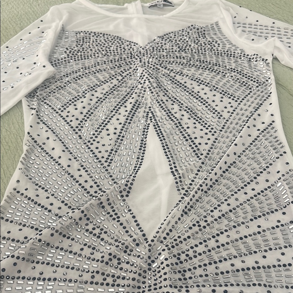 Fashion Nova White and Silver Patterned Gown